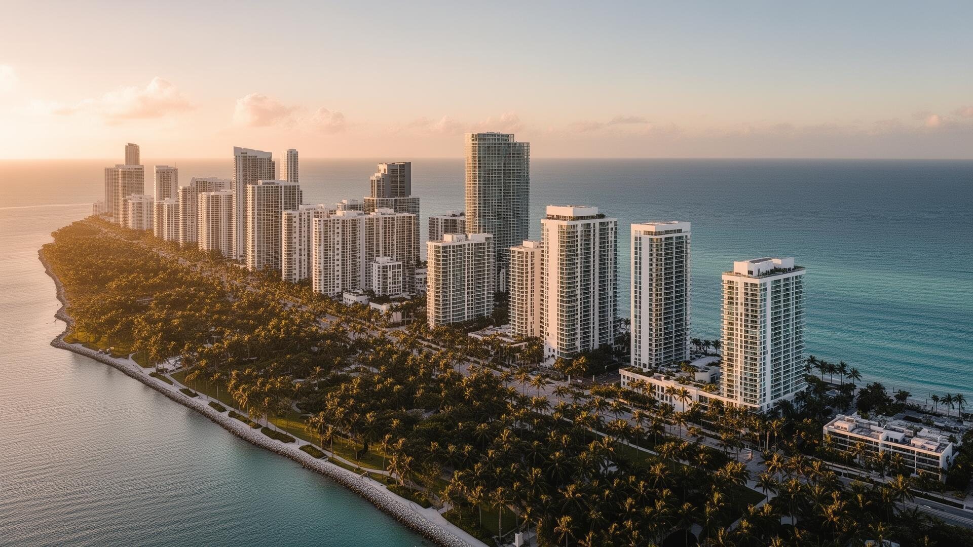 Aerial view of Miami at golden hour
